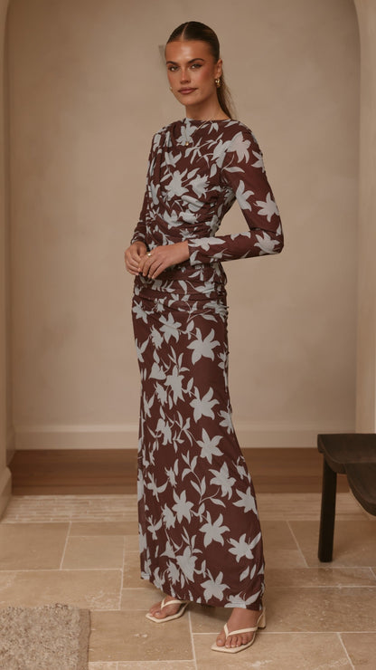 Ellita Maxi Skirt - Chocolate/Blue Print