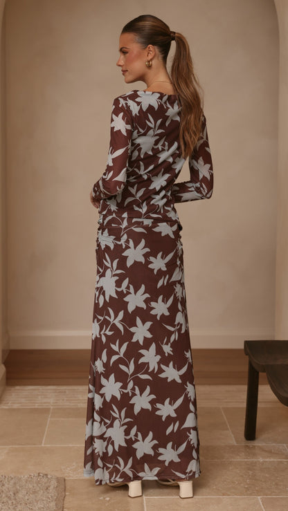 Ellita Maxi Skirt - Chocolate/Blue Print