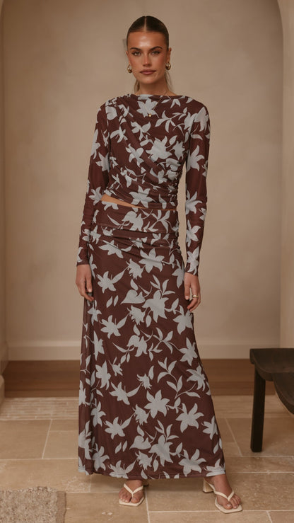Ellita Maxi Skirt - Chocolate/Blue Print