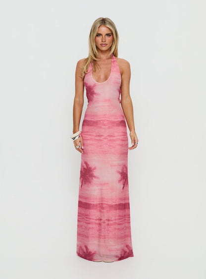 Amelina Halter Maxi Dress Pink Palm Tree Multi