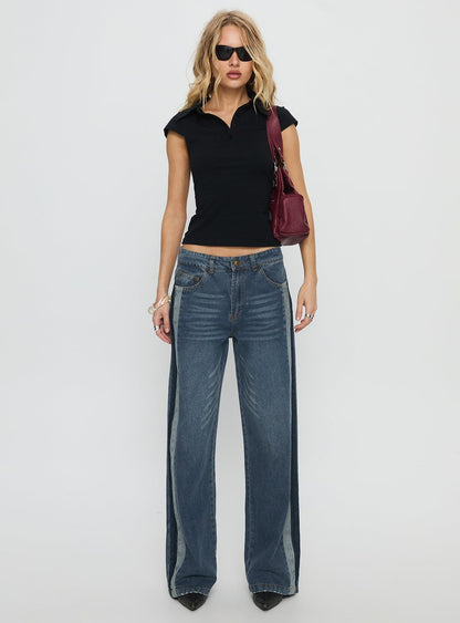 Born Again Mid Rise Straight Leg Contrast Detail Jeans Dark Blue