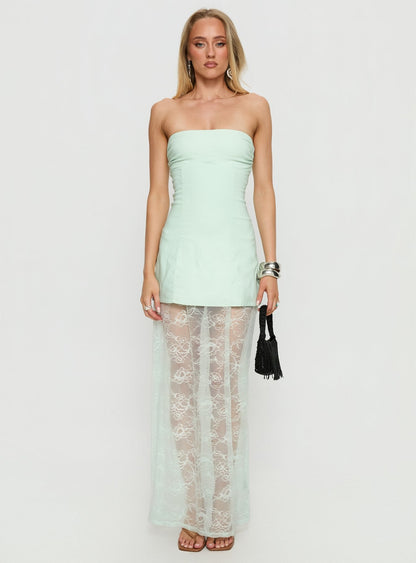 Aleda Sheer Lace Detail Strapless Maxi Dress Sage