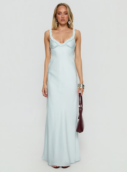 Baley Bias Cut Frill Maxi Dress Blue