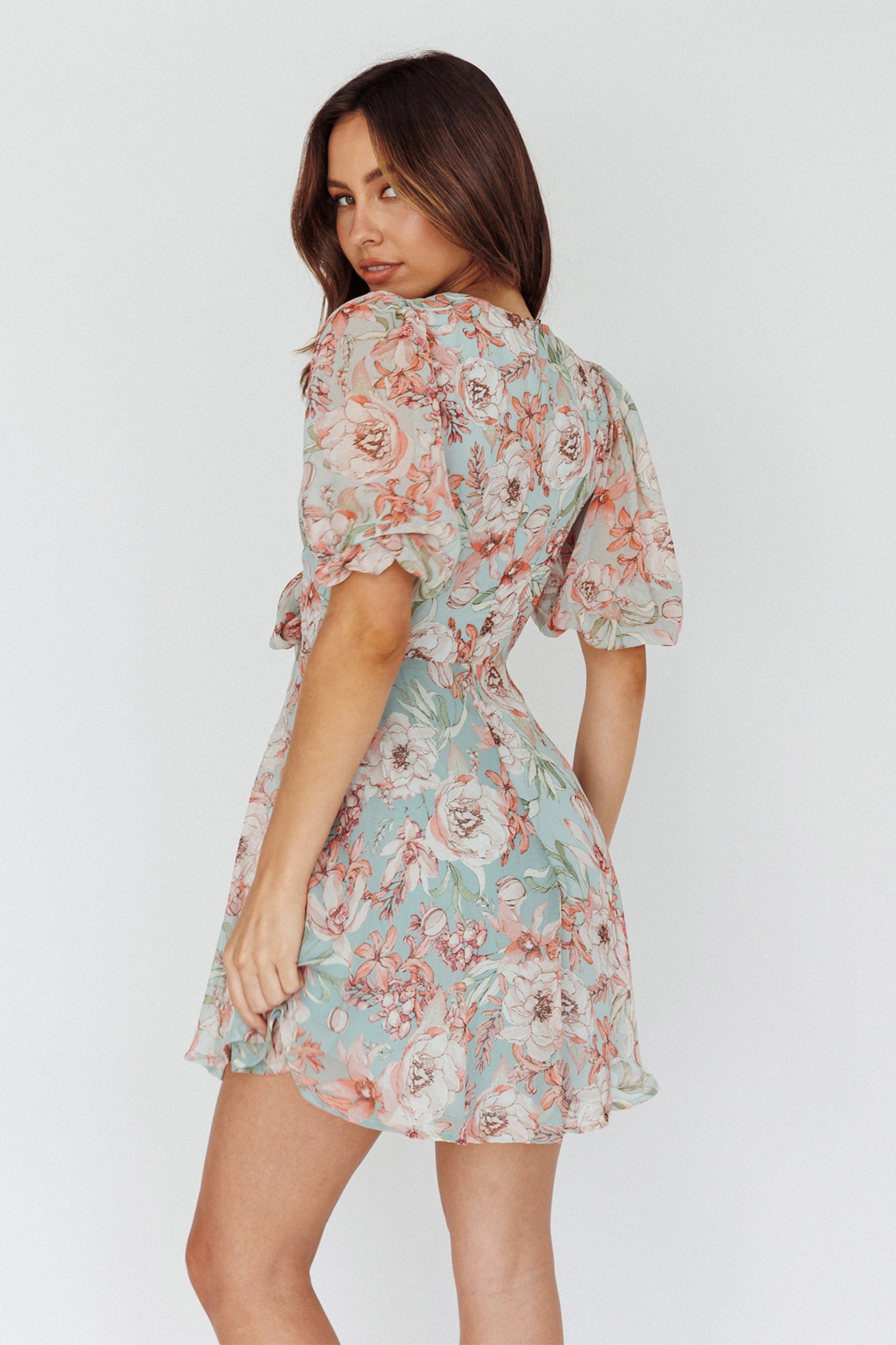 Madison Bow Tie Bust Puff Sleeve Dress Floral Mint