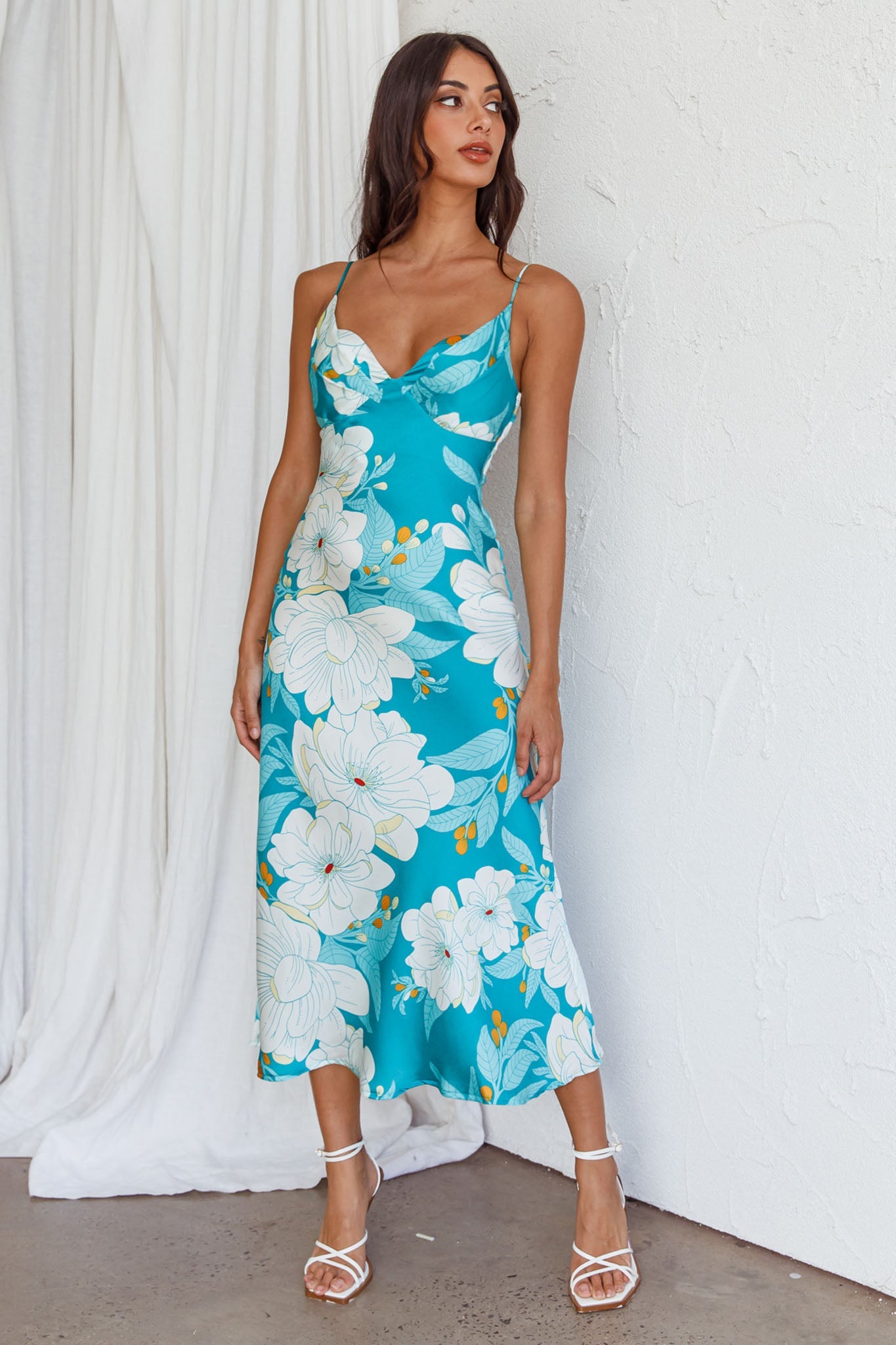 Infinity Pintuck Bust Midi Dress Flower Teal