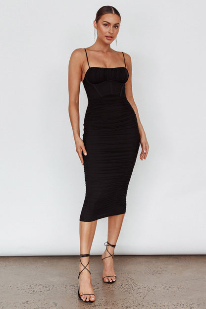 Malibu Sun Ruched Midi Dress Barbie Black