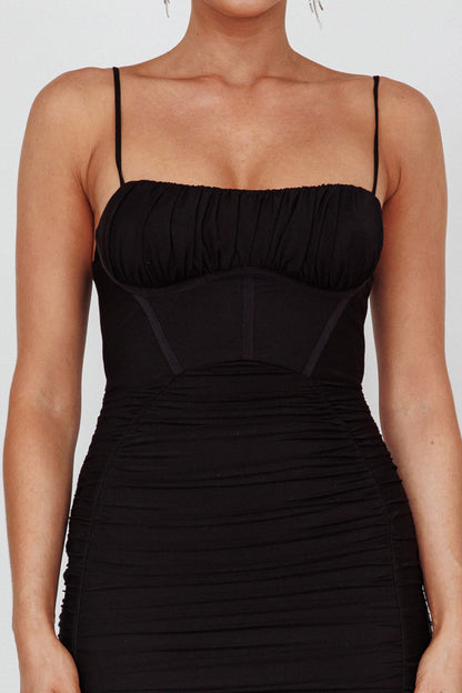 Malibu Sun Ruched Midi Dress Barbie Black
