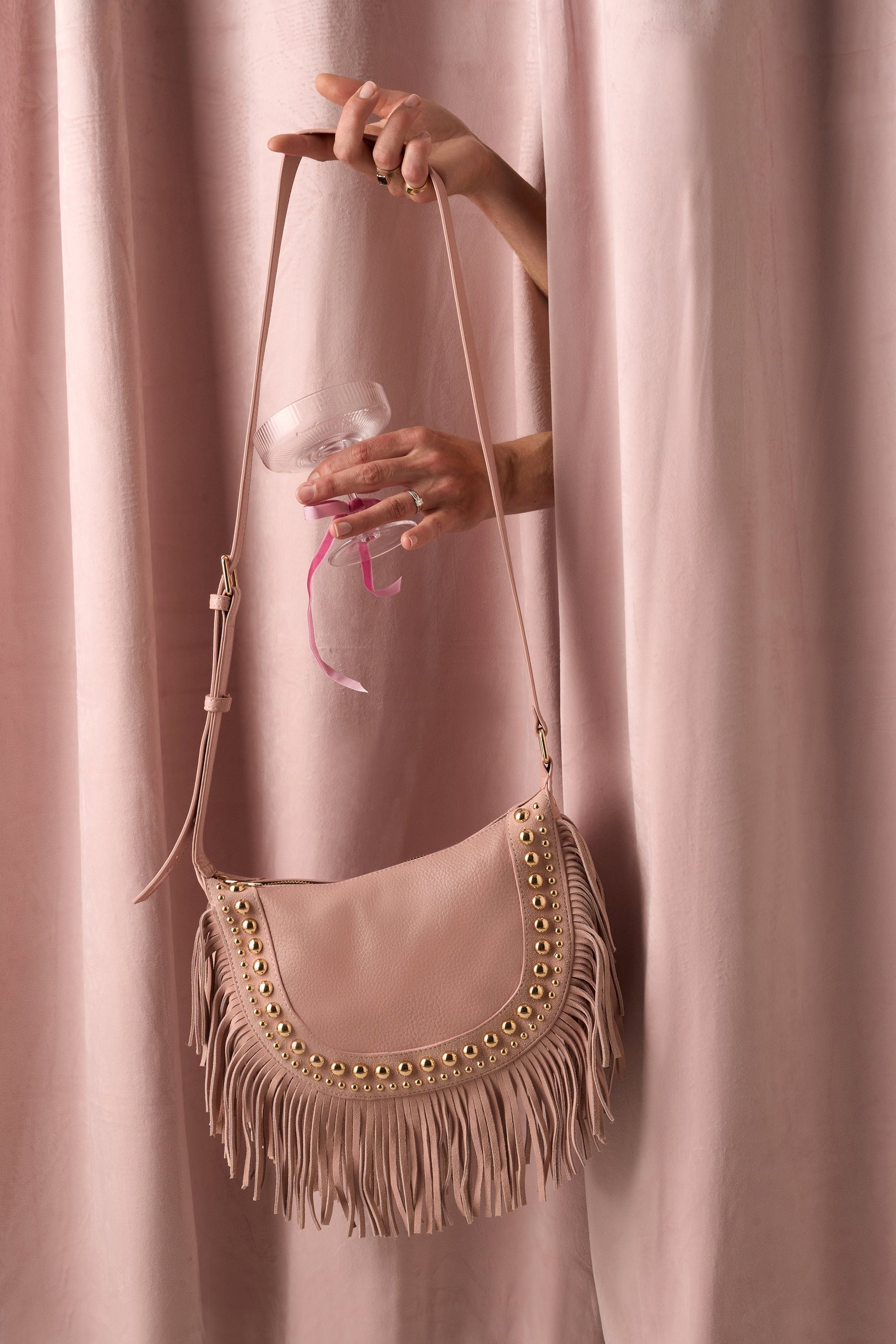 Light Pink Studded Suede Fringed Cross Body Bag