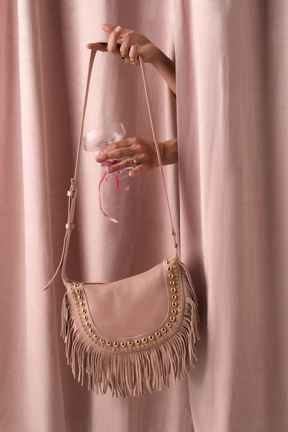 Light Pink Studded Suede Fringed Cross Body Bag