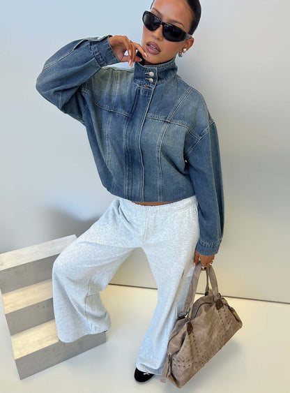 Alfea Funnel Neck Denim Bomber Jacket Mid Blue Wash