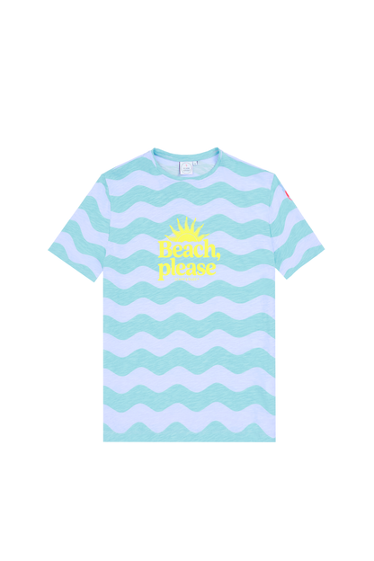 Blue with Green Wave Stripe Beach Please T-Shirt