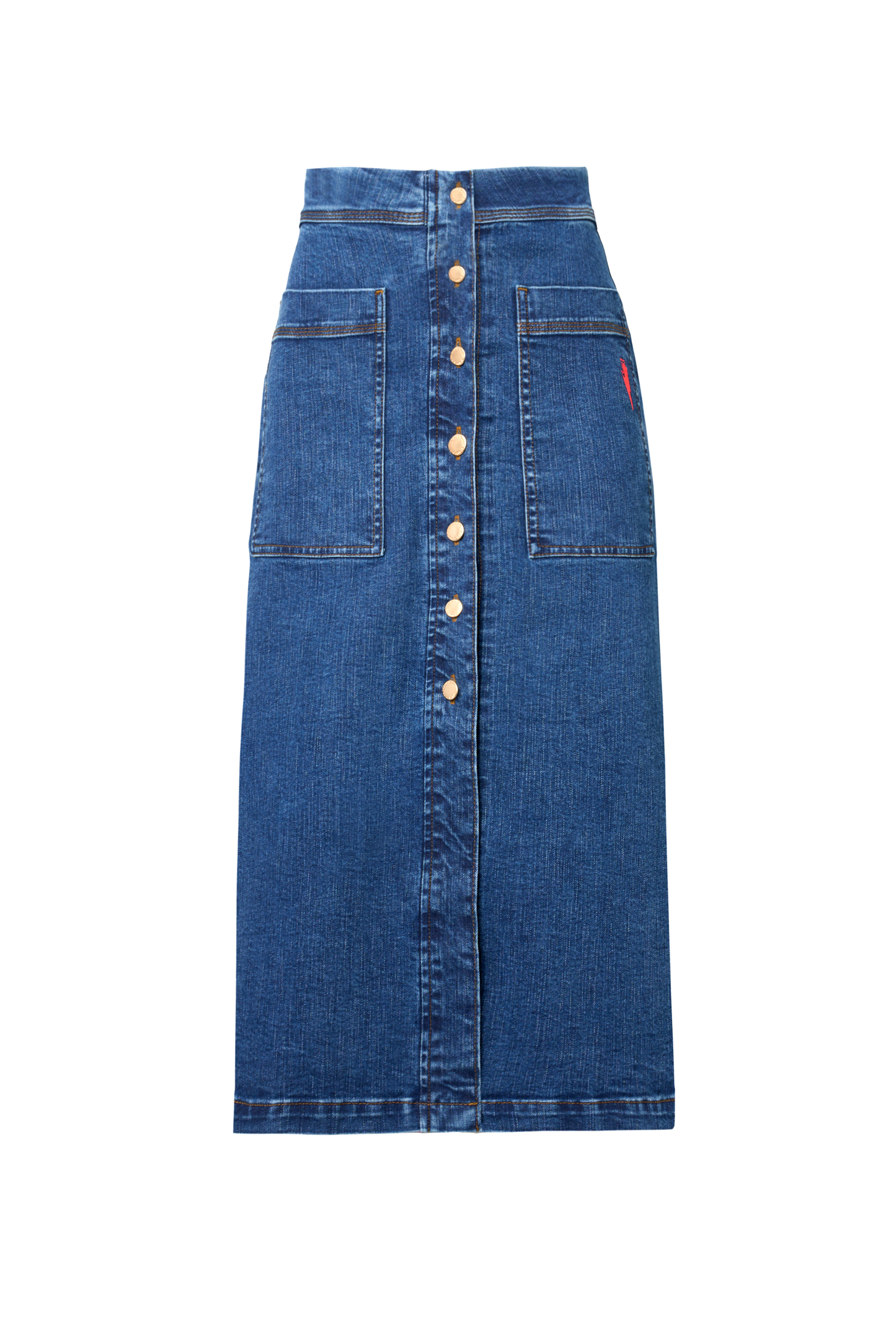Authentic Indigo Button Front A-Line Denim Midi Skirt