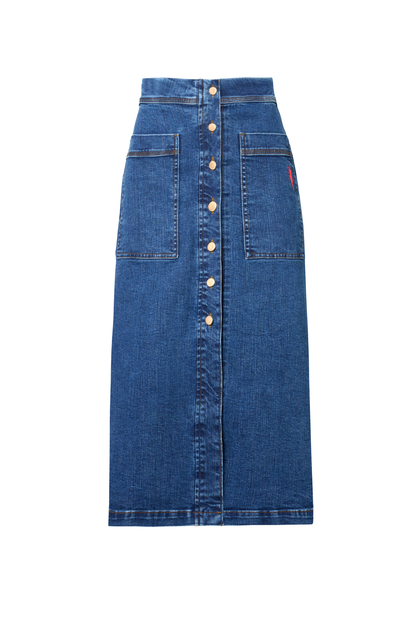 Authentic Indigo Button Front A-Line Denim Midi Skirt