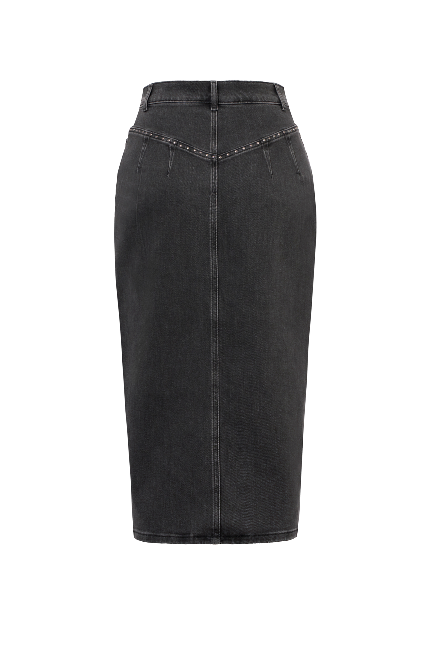Washed Black Studded Denim Split Front Midi Skirt
