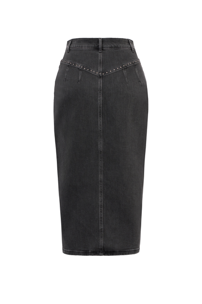 Washed Black Studded Denim Split Front Midi Skirt