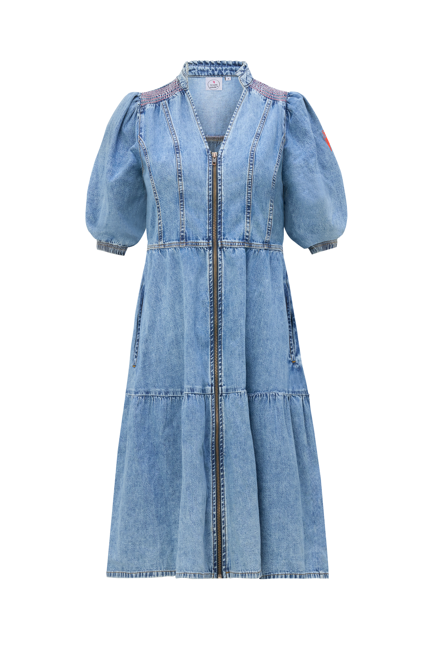 Pale Indigo Zip Detail Tiered Short Denim Dress