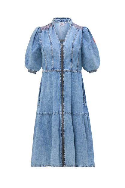 Pale Indigo Zip Detail Tiered Short Denim Dress