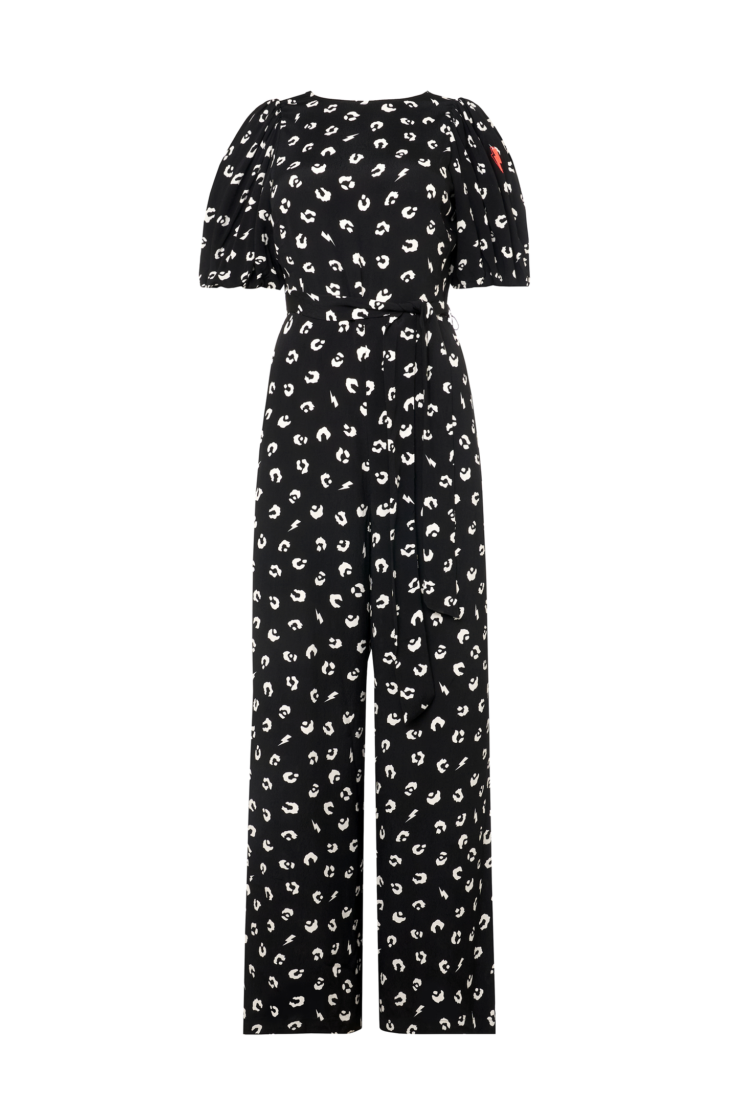 Black with White Love Leopard Puff Sleeve Wide Leg Jumpsuit