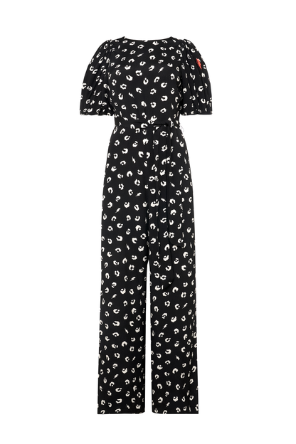 Black with White Love Leopard Puff Sleeve Wide Leg Jumpsuit
