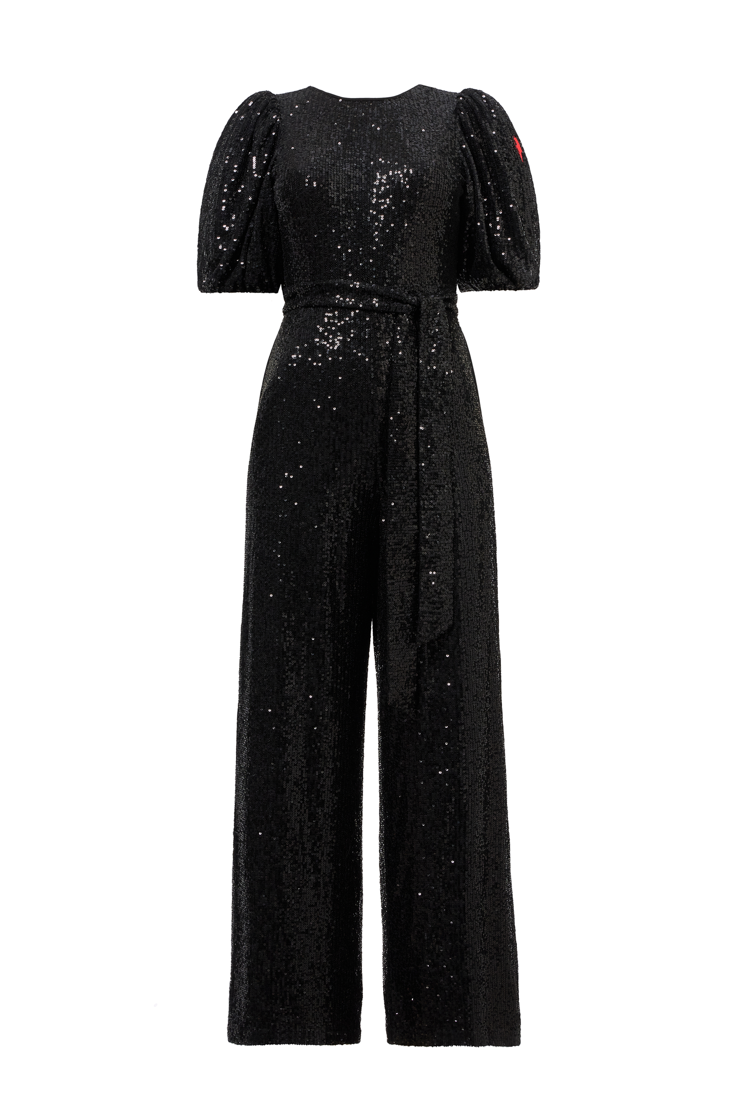 Black Sequin Puff Sleeve Wide Leg Jumpsuit