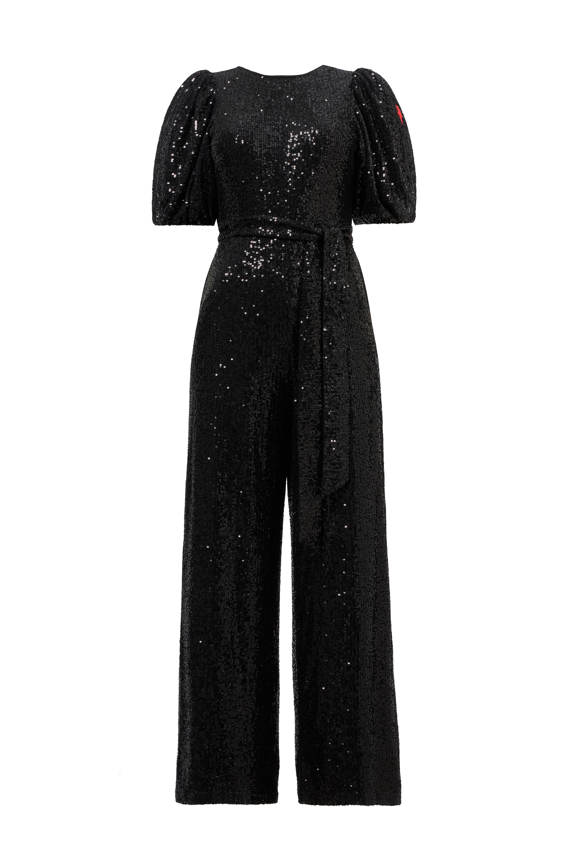 Black Sequin Puff Sleeve Wide Leg Jumpsuit
