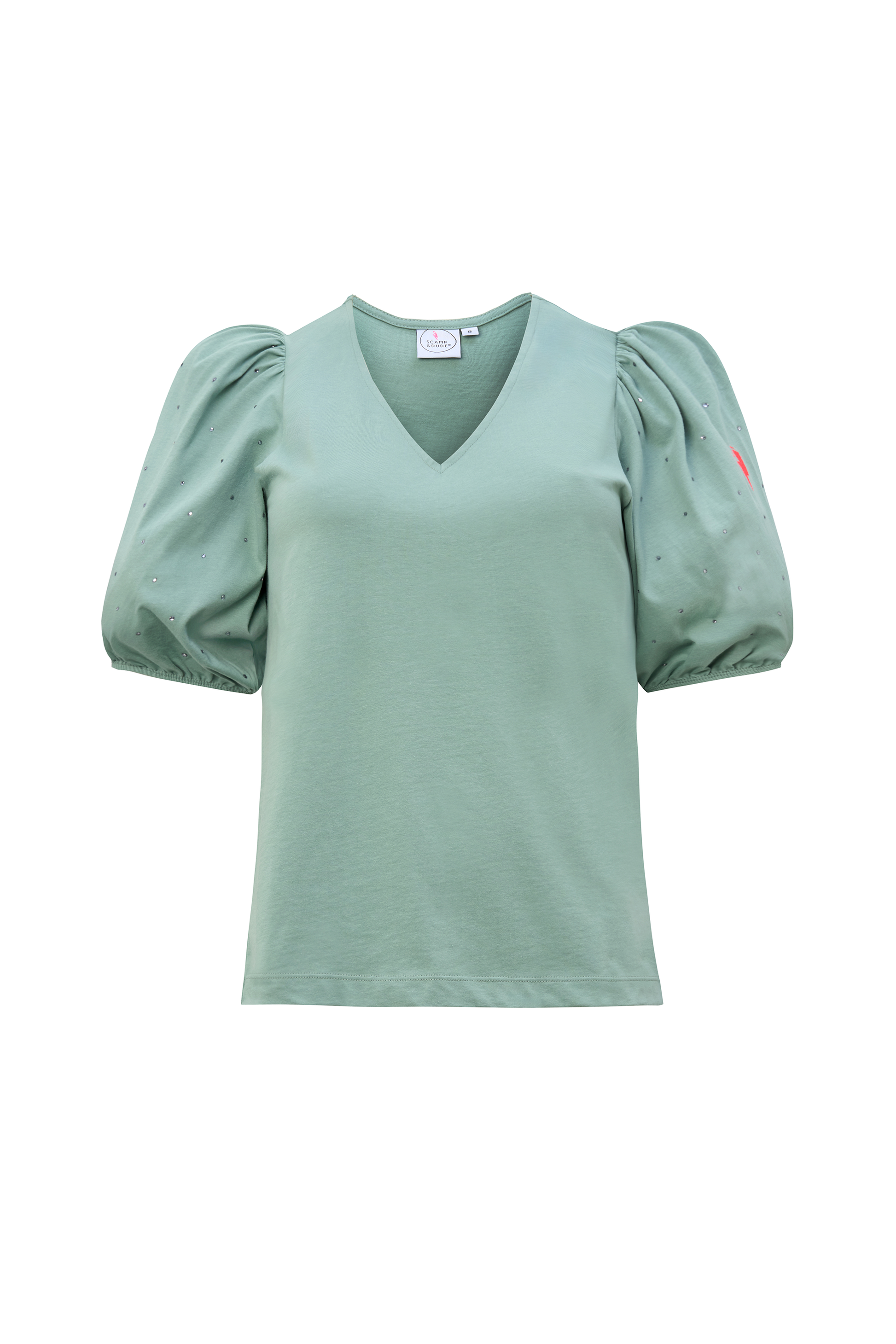 Khaki Studded V-Neck Puff Sleeve T-Shirt
