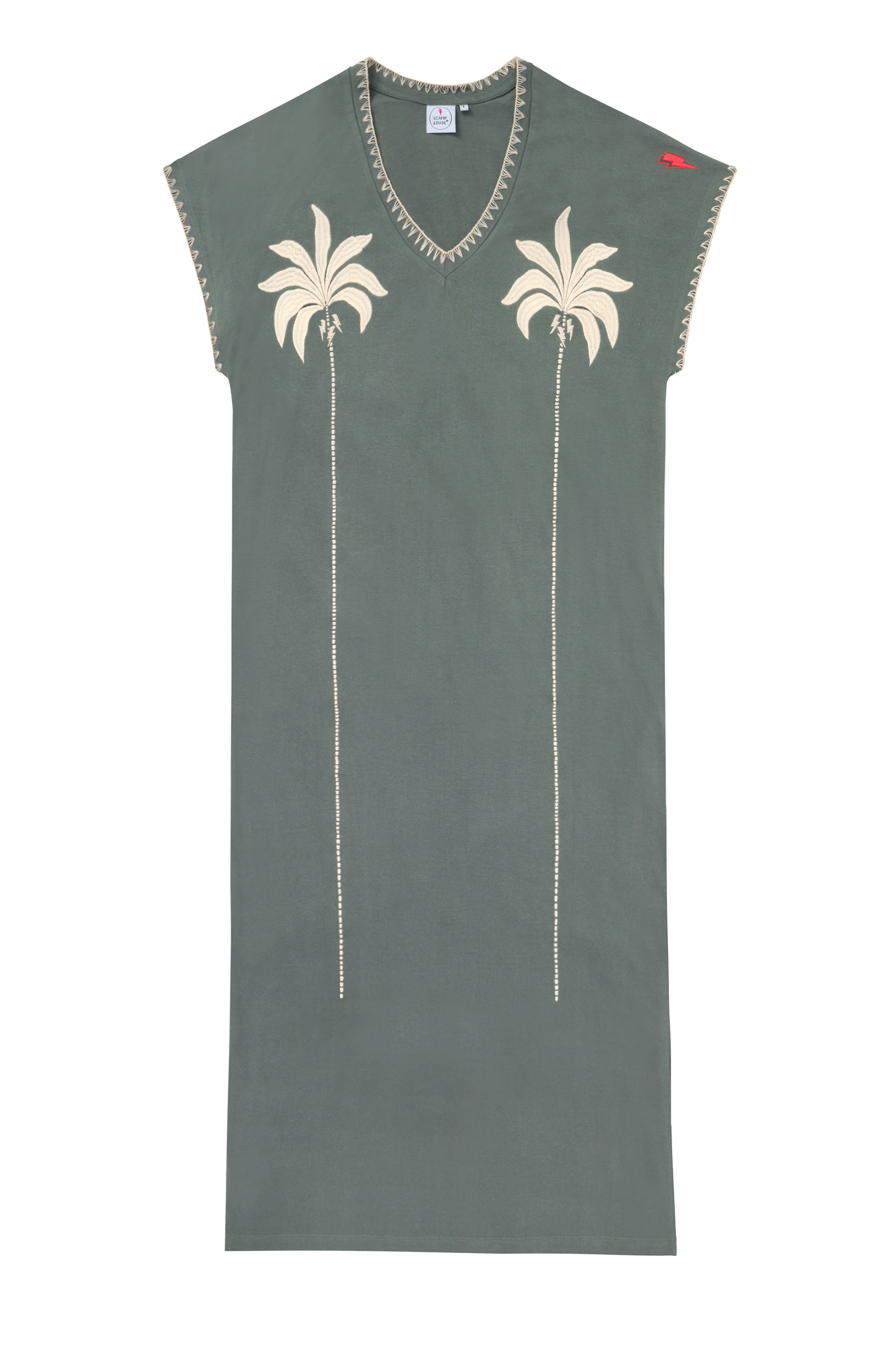 Khaki with Embroidered Palm Trees V-Neck Midi T-Shirt Dress