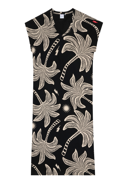 Black with Off White Palm Spring V-Neck Midi T-Shirt Dress