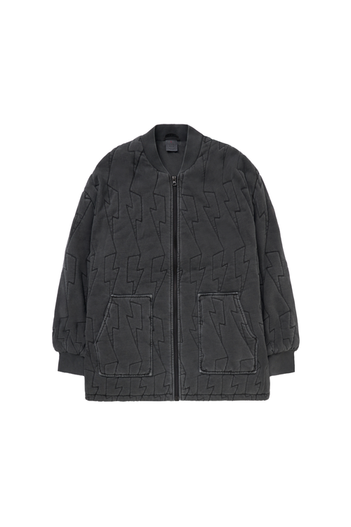 Washed Black Lightning Bolt Oversized Quilted Bomber Jacket
