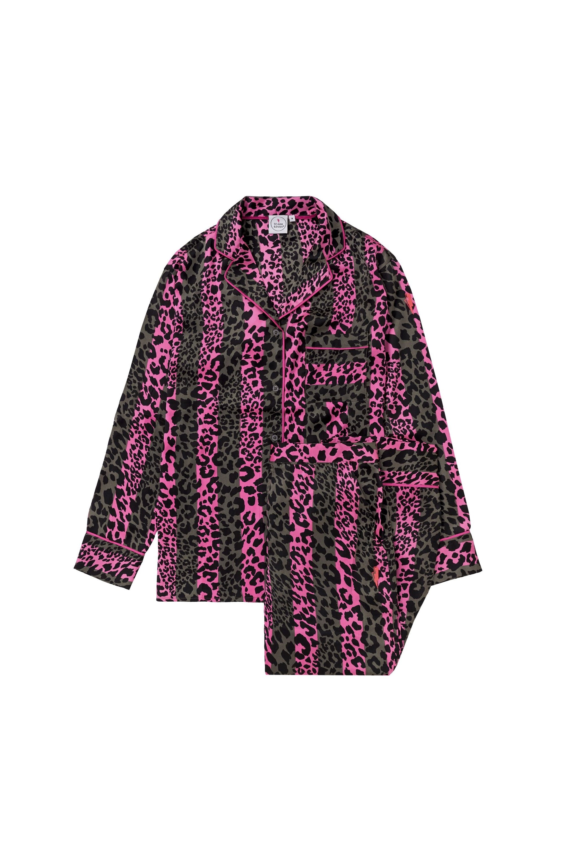 Khaki with Pink Stripe and Leopard Satin Pyjamas