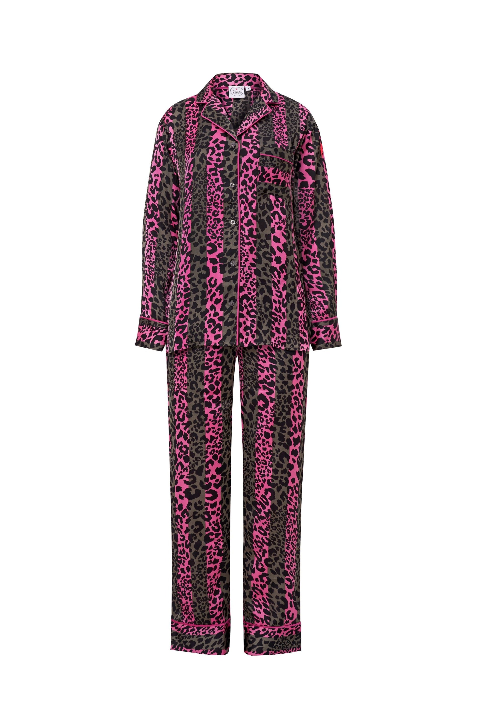 Khaki with Pink Stripe and Leopard Satin Pyjamas