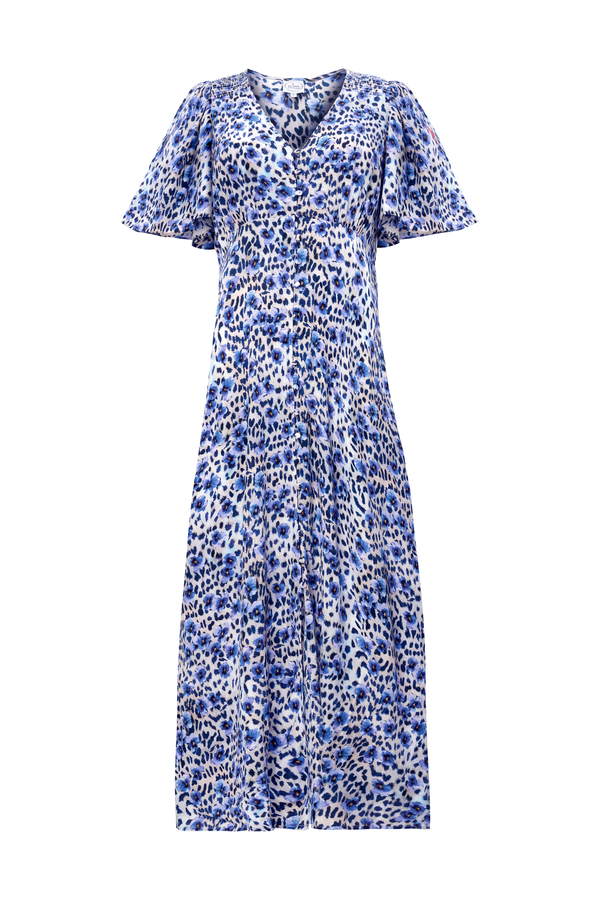 White with Blue Paradise Cheetah Print Angel Sleeve Midi Tea Dress