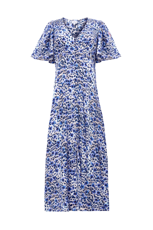 White with Blue Paradise Cheetah Print Angel Sleeve Midi Tea Dress