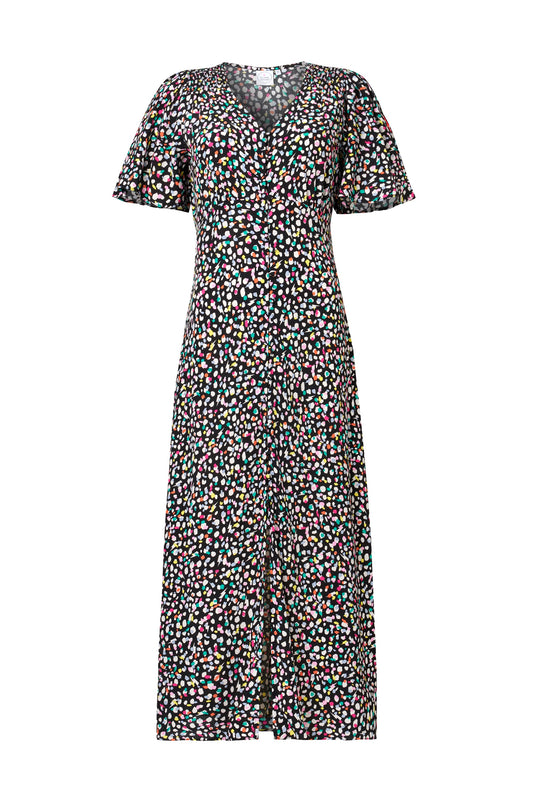 Black with Rainbow Confetti Angel Sleeve Midi Tea Dress