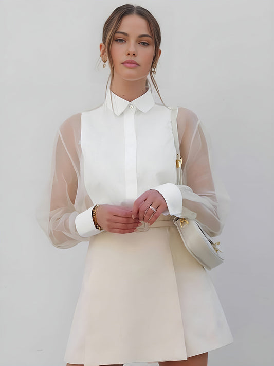 Semi-Sheer Puff Sleeve Organza Shirt