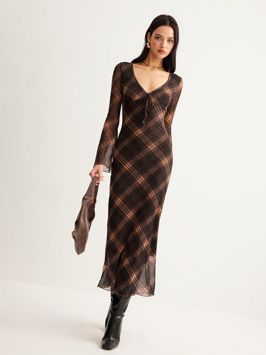 Semi-Sheer Checked Bell-Sleeve Mesh Dress