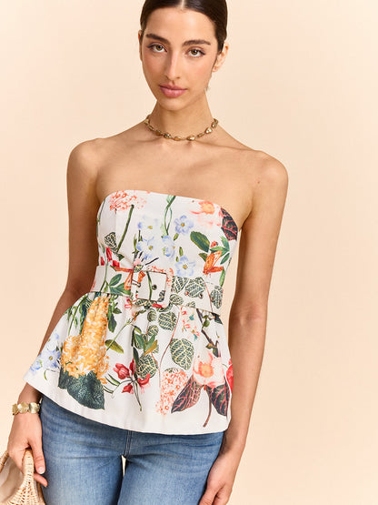 Floral Print Strapless Peplum Top With Belt