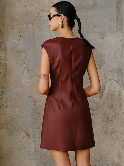 PU Leather Metal Buckle Sleeveless Mini Dress