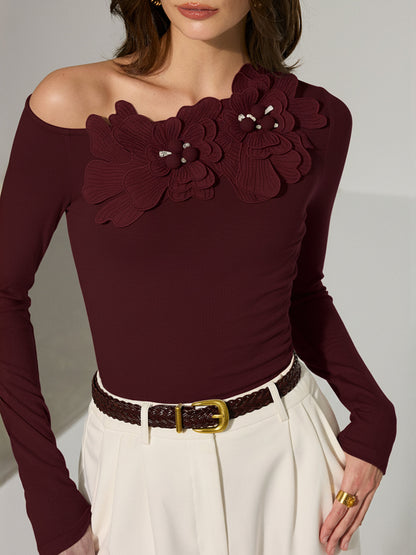 Off-Shoulder 3D Floral Embellished T-Shirt