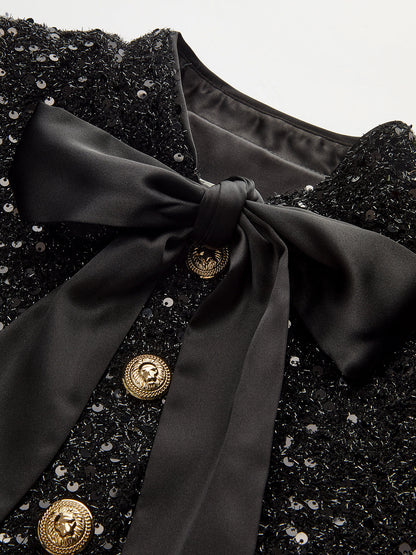 Bow Detail Sequined Tweed Cropped Jacket