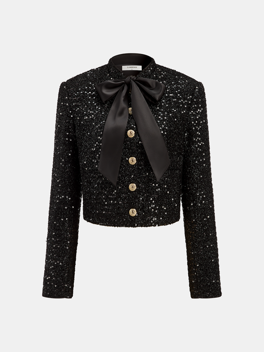 Bow Detail Sequined Tweed Cropped Jacket