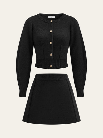 Lamb Sleeve Metal Button Knit Top and Skirt Set
