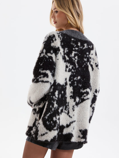 Cow Print Faux Mink Fur Cardigan
