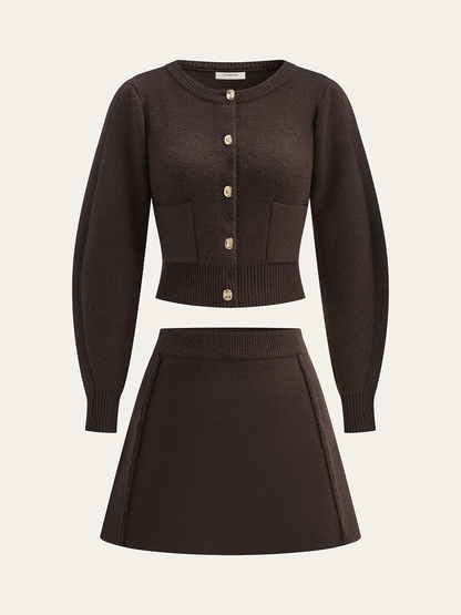 Lamb Sleeve Metal Button Knit Top and Skirt Set