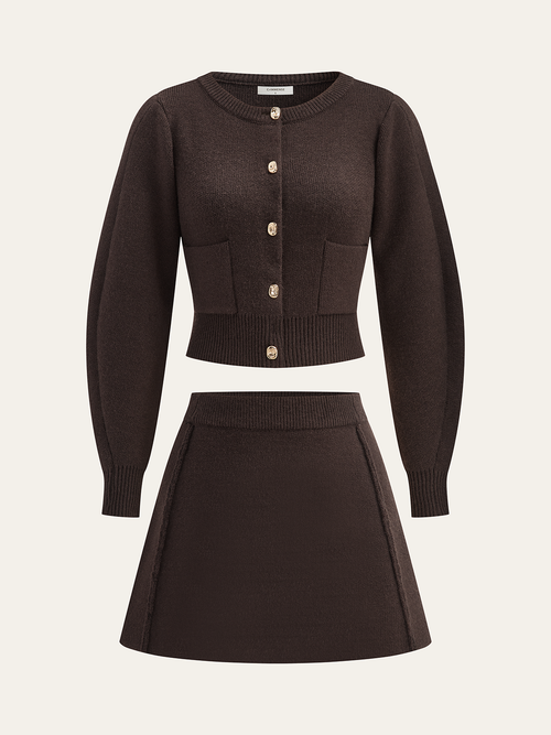 Lamb Sleeve Metal Button Knit Top and Skirt Set