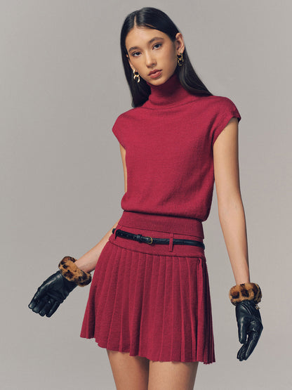Turtleneck Top & Pleated Mini Skirt Set with Belt