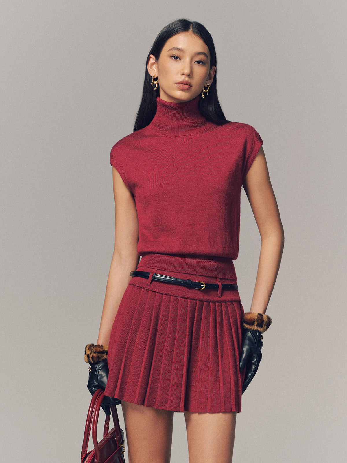 Turtleneck Top & Pleated Mini Skirt Set with Belt