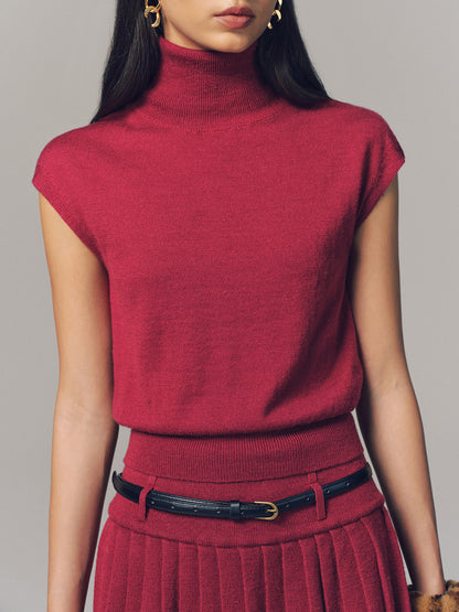 Turtleneck Top & Pleated Mini Skirt Set with Belt