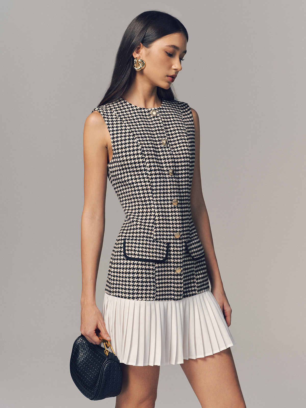 Houndstooth Sleeveless Pleated Hem Mini Dress