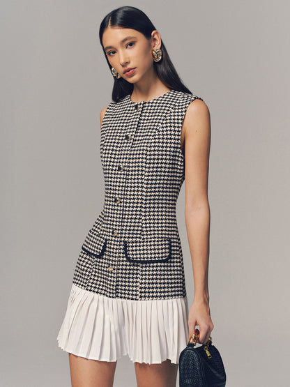 Houndstooth Sleeveless Pleated Hem Mini Dress